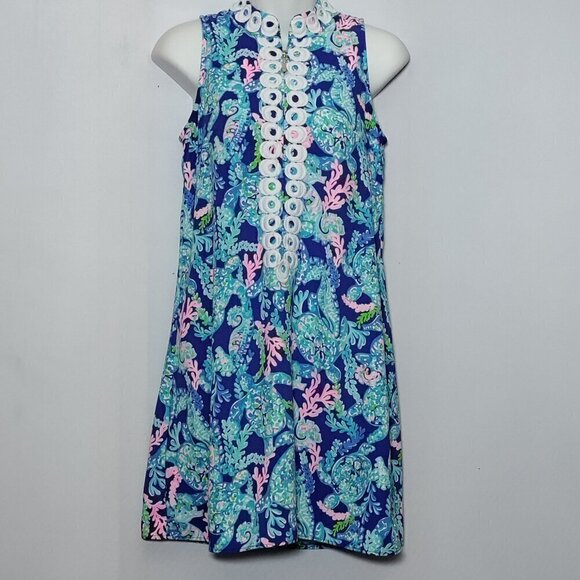 Lilly Pulitzer Dress Size 00 XXS Jane Embroider Applique Coral Sea Turtle Blue - Picture 1 of 5